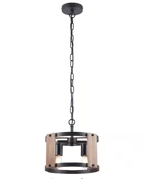 Photo 1 of 2-Light Brown Pendant Light with Open Drum Shade and Wood Accents