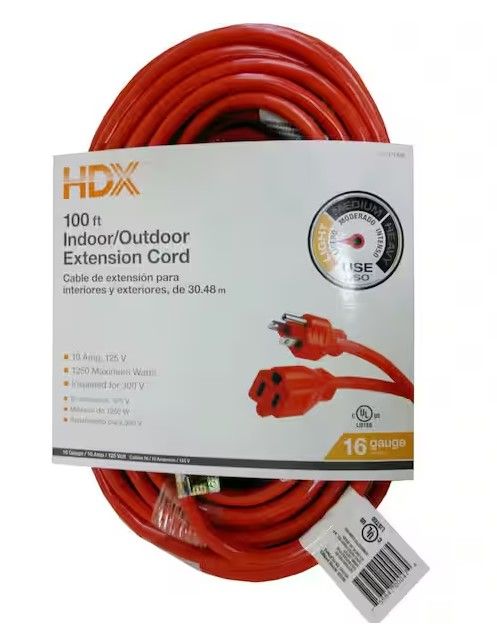 Photo 1 of 100 ft. 16/3 Indoor/Outdoor Extension Cord, Orange 