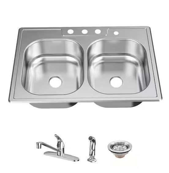 Photo 1 of 33 in. Drop-In 50/50 Double Bowl 22 Gauge Stainless Steel Kitchen Sink with Faucet and Sprayer