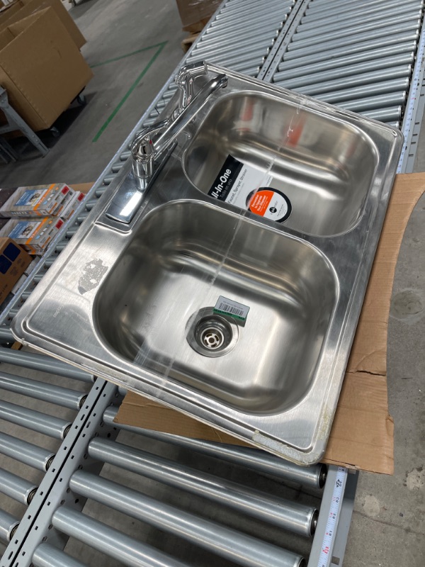 Photo 2 of 33 in. Drop-In 50/50 Double Bowl 22 Gauge Stainless Steel Kitchen Sink with Faucet and Sprayer