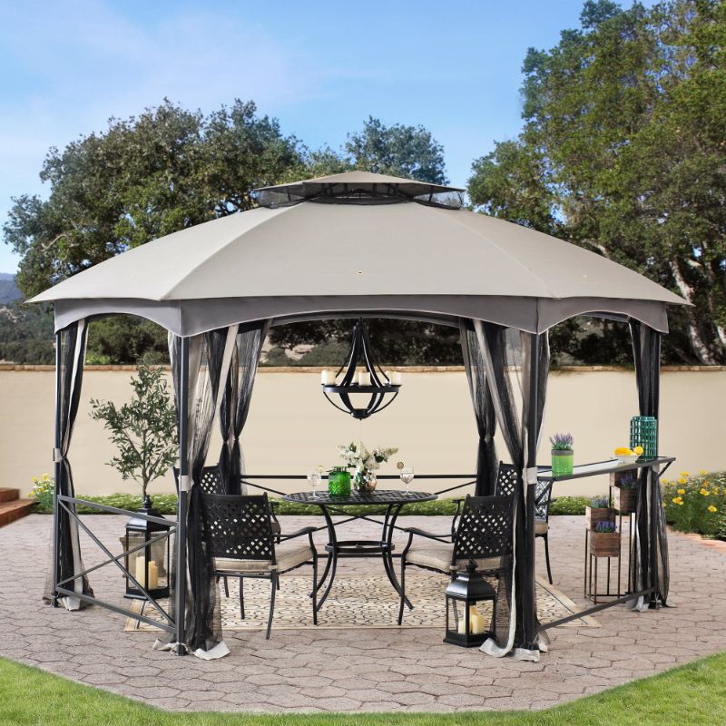 Photo 1 of 15x15 Ft. Gray Hexagon Steel Frame Soft Top Gazebo With 2-Tier Dome Roof, Netting, And Bar Shelf