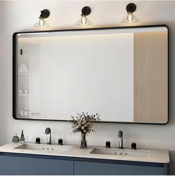 Photo 1 of 55 in. W x 30 in. H Rectangular Aluminum Framed Wall Bathroom Vanity Mirror in Black