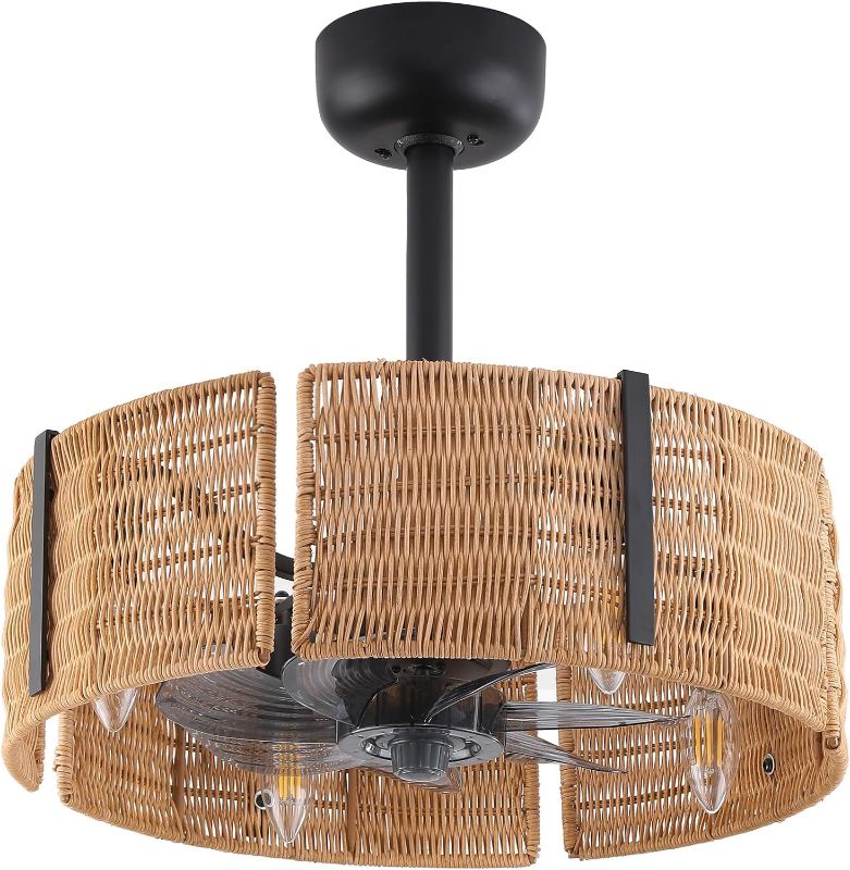 Photo 1 of 18" Caged Ceiling Fan with Lights and Remote Control, Rattan Ceiling Fan with Reversible Motor, 6 Speeds, Timer, Chandelier Ceiling Fan Light Kit for Bedroom, Living Room, Kitchen, Black