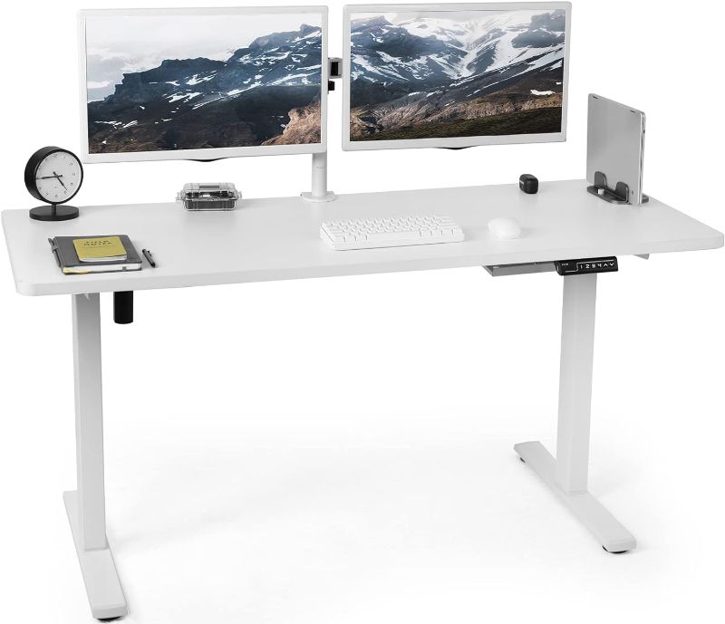 Photo 1 of Adjustable 60 x 24 inch Memory Stand Up Desk, White Solid One-Piece Table Top, White Frame, Standing Workstation with Preset Controller