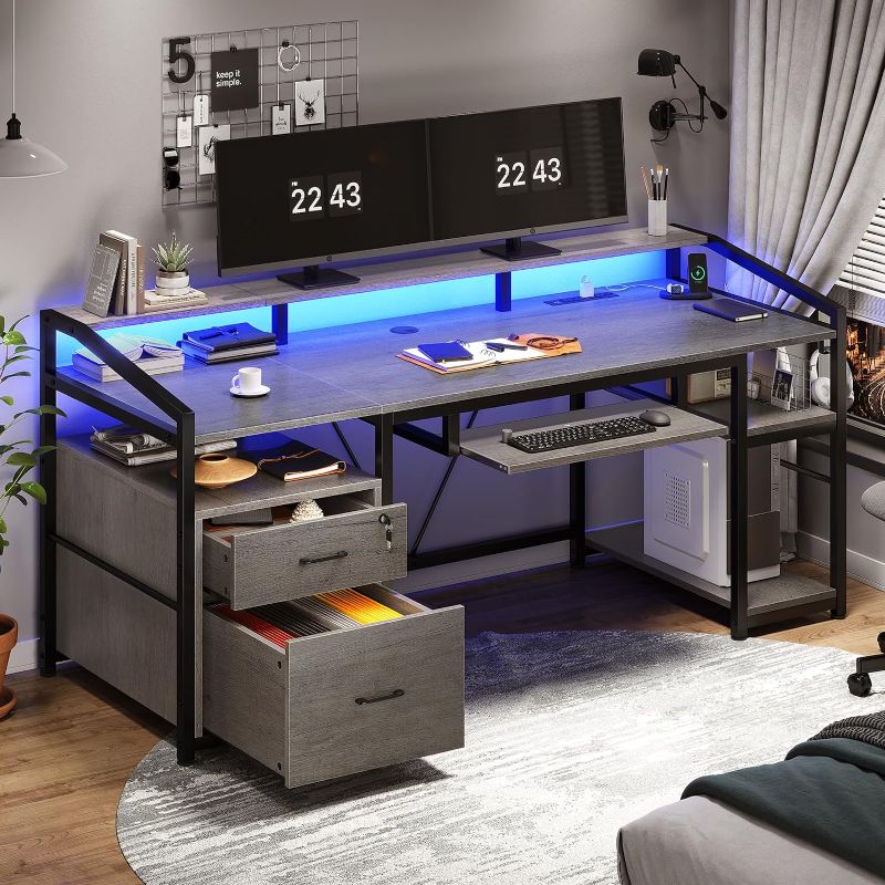 Photo 1 of SEDETA 63" Computer Desk, Office Desk with Lockable Drawers for Legal/Letter File, Gaming Desk with LED Lights & Power Outlet, Home Office Desks with Storage