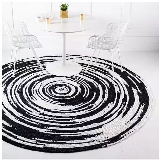 Photo 1 of Braided Chindi Black/White 3 ft. x 3 ft. Round Area Rug