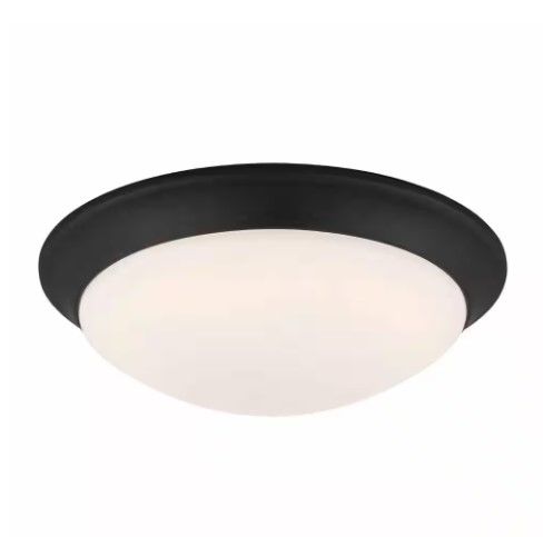 Photo 1 of 11 in. 120-Watt Equivalent Satin Bronze 2700K CCT LED Ceiling Light Flush Mount with Frosted White Glass Shade