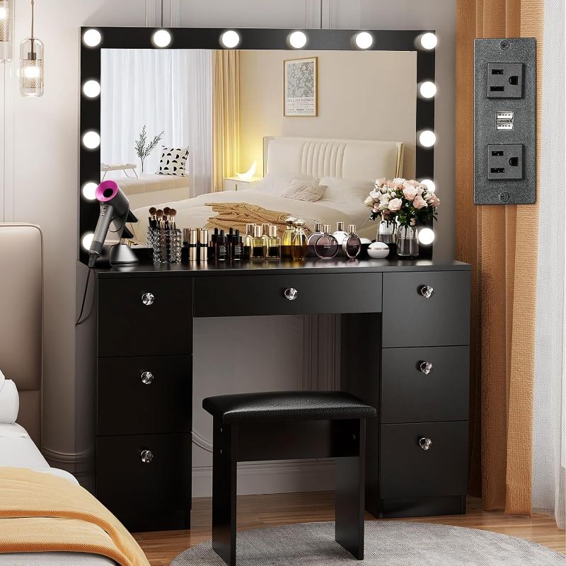 Photo 1 of VOWNER Vanity with Lighted Mirror - Makeup Vanity Desk with Power Outlet and 7 Drawers, 3 Color Lighting Modes Adjustable Brightness, 44" Vanity Table with Soft Cushioned Stool for Women Girls, Black