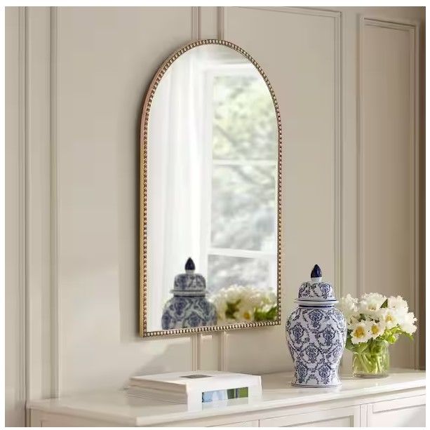 Photo 1 of Medium Arched Gold Antiqued Classic Accent Mirror (35 in. H x 24 in. W)