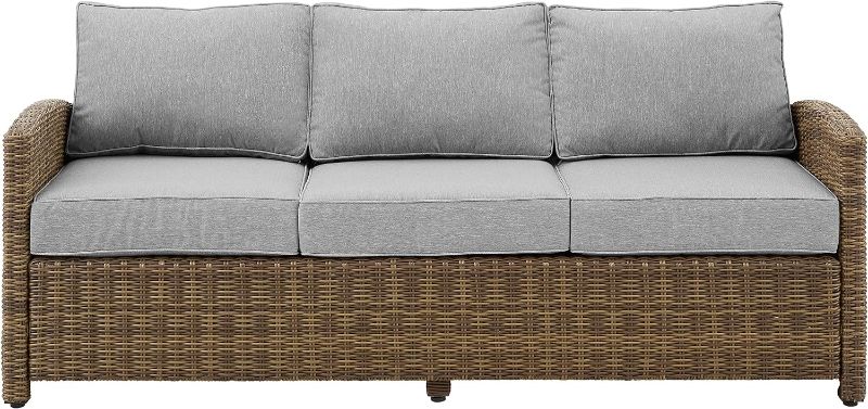 Photo 1 of Crosley Furniture Outdoor Wicker Sofa, Weathered Brown with Gray Cushions