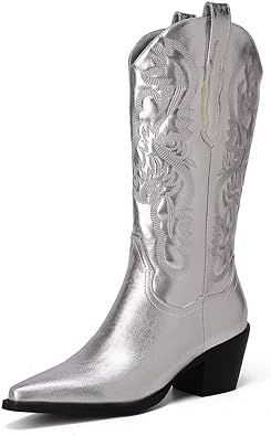 Photo 1 of CIERWS Women's Embroidered Western Silver Cowgirl Boots Cowboy Boots Mid Calf Boots Metal PU Medium Heel Fashion Retro Classic Middle Boot, SIZE 7