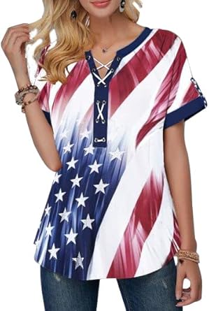 Photo 1 of American Flag Shirt Tops Women 4th of July T-Shirts Ring Hole Star Stripes USA Short Sleeve V-Neck Patriotic Tees (2 Pack Bundle)