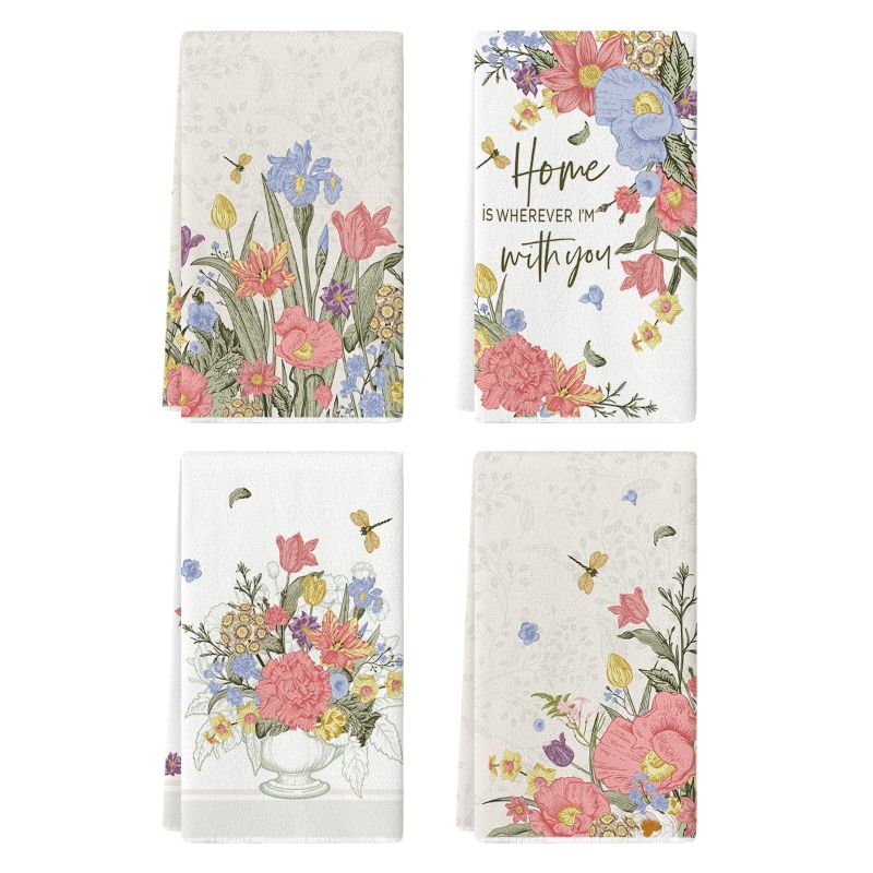 Photo 1 of *** BUNDLE OF 2 *** Artoid Mode Flowers Leaves Dragonfly Spring Kitchen Towels Dish Towels, 18x26 Inch Seasonal Summer Decoration Hand Towels Set of 4