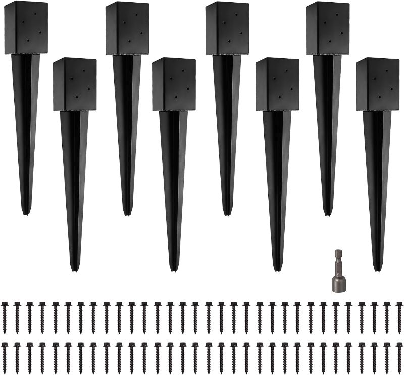 Photo 1 of (Pack of 8) LADECH 4x4 Fence Post Anchor Ground Spike 24” Length Metal Black Powder Coated – Mailbox Post Anchors – Fit 3.5x3.5 Wood Post 8 Black