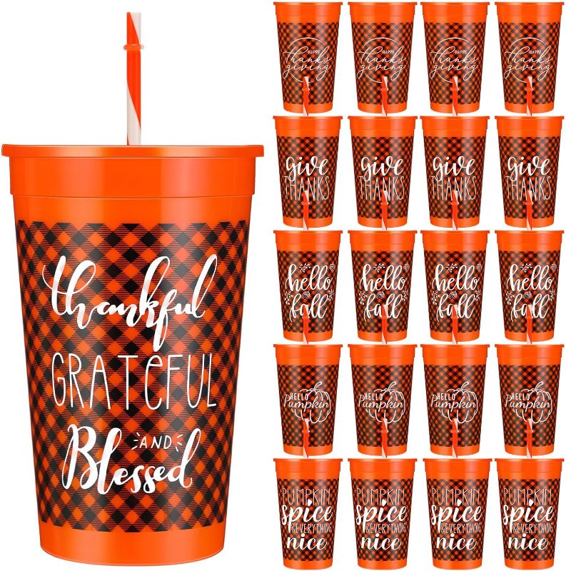 Photo 1 of 24 Pack 34 oz Fall Plastic Cups with Lids and Straws Hello Fall Sign Coffee Cup Reusable Plastic Cups Autumn Drinking Cups Gift for Thanksgiving Outdoor Camping Party Campfire
