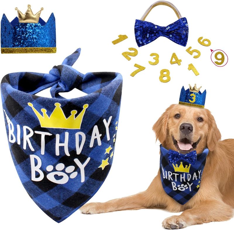 Photo 1 of 2 PACK! Dog Birthday Party Supplies, Boy Dog Birthday Bandana Set with Cute Dog Bow Tie, Crown Hat with Numbers for Small Medium Large Dogs, Blue Dog Birthday Outfit (Blue)
