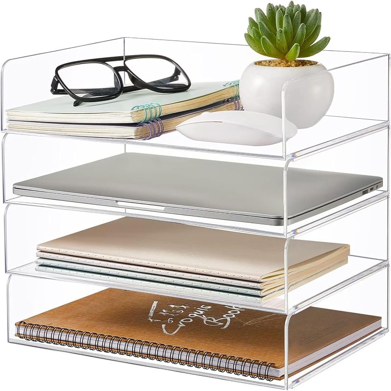 Photo 1 of 4 Tier Acrylic Paper Tray Stackable Letter Tray Clear Trays for Organizing No Need to Assemble Acrylic Paper Organizer File Tray for Office Workspace Desktop Storage (12.4 x 8.74 x 2.68 Inch)