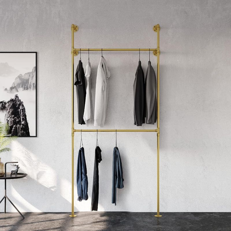 Photo 1 of  KIM III Double Gold - clothes rack for wardrobe, bedroom and as walk-in closet system. Sturdy clothing racks for hanging clothes I wall mounted heavy duty clothes Gold KIM I Double