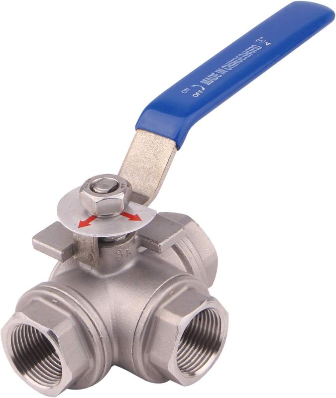 Photo 1 of DERNORD 3-Way Ball Valve, L Mounting Pad, Stainless Steel 304 Female Type for Water, Oil, and Gas with Vinyl Locking Handle (3/4 Inch NPT)