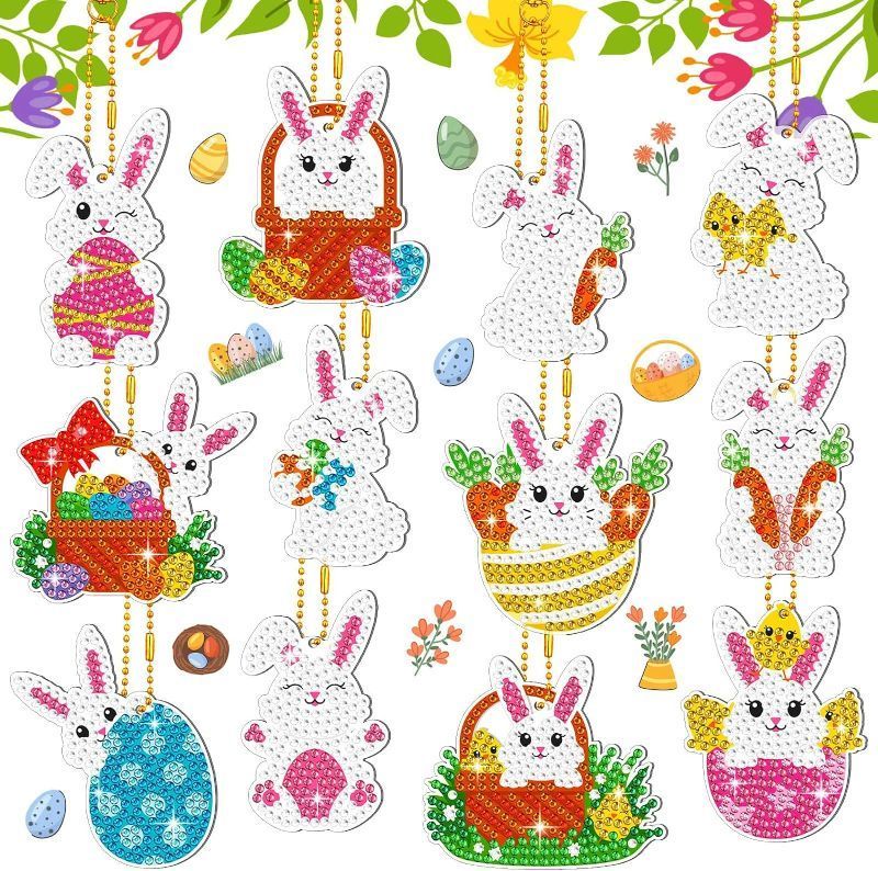 Photo 1 of *** BUNDLE OF 2 *** 12 Pieces Easter Diamond Painting Keychain 5D DIY Diamond Painting Kit Easter Hanging Diamond Art Kits Diamond Art Easter Ornaments for Kids Easter Crafts Family Decor (Rabbit Style)