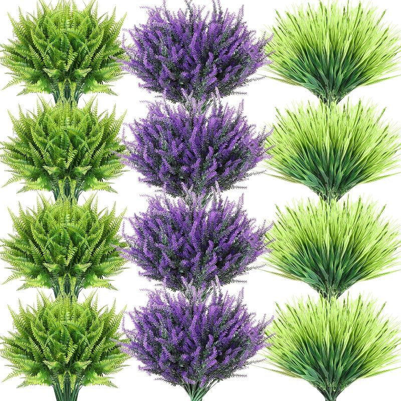 Photo 1 of 60 Bundles Artificial Lavender Flowers 10 Outdoor UV Resistant Faux Boston Fern 10 Artificial Grass Fake Foliage Greenery Faux Plants Shrubs Faux Greenery for House Garden Hanging Planter