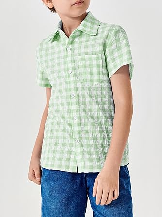 Photo 1 of **(2Pk shirt bundle)) Boys' Casual Plaid Short Sleeve Button Down Shirts Kids Cotton Top with Chest Pocket 5-14Y
