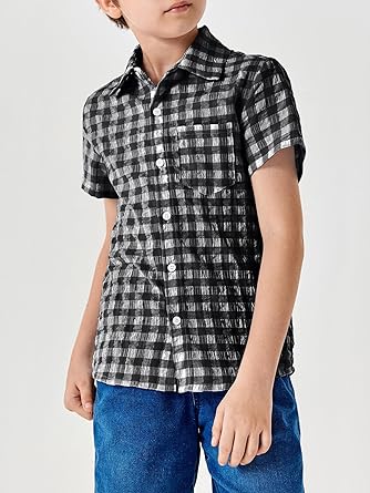 Photo 1 of Boys' Casual Plaid Short Sleeve Button Down Shirts Kids Cotton Top with Chest Pocket 5-14Y 9-10 Years Black