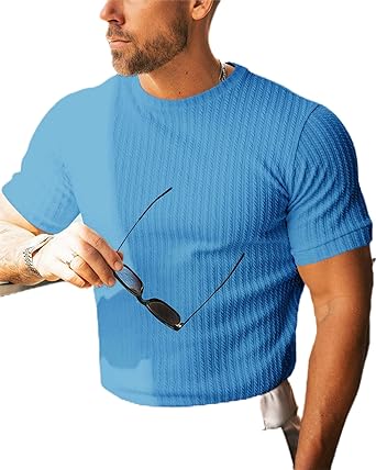 Photo 1 of Beotyshow Men's Ribbed Knit T Shirts Short Sleeve Crew Neck Slim Fit Stretchy Muscle Shirts Basic Solid Tee Tops