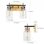 Photo 1 of 12 in. Modern 2-Light Brass Gold Bathroom Vanity Light, Black Bath Lighting with Cylinder Clear Glass Shades
