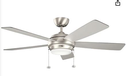 Photo 1 of ***SEE NOTES***   Kichler Starkk 52" Ceiling Fan with LED Lights in Brushed Nickel, 5-Blade Traditional Fan with reversible Silver/White blades, 3000K, (52" W x 13.75" H), 330174NI
