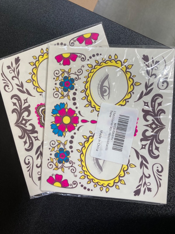 Photo 1 of 2 Pack 8 Sheets Halloween Day of The Dead Face Tattoos,Sugar Skull Tattoos Glow UV Neon Temporary Tattoos for Women Halloween Christmas Festival DIY Makeup Party Props Design 02