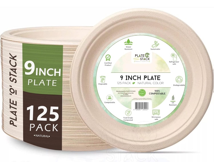 Photo 1 of 100% Compostable Disposable Paper Plates [125-Pack] - (PFAS-Free) - (BPI Certified) - [9 Inch] Heavy Duty, Eco-Friendly, Biodegradable Bagasse Dinner Plates - Natural Brown 9" Plate by Plate'O'Stack