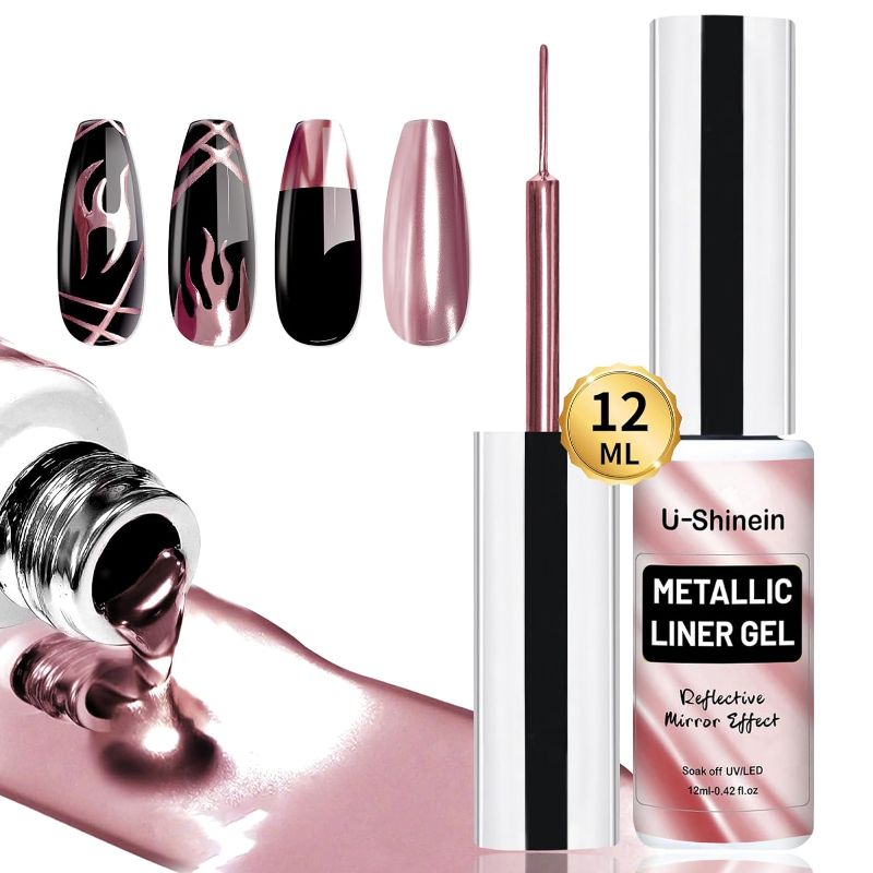 Photo 1 of 12ml Metallic Painting Gel Liner Nail Art 3D Mirror Chrome Effect Metal Painted Drawing Gel Build in Thin Brush Soak Off UV/LED Rose Gold Striper Gel for Salon DIY Manicure