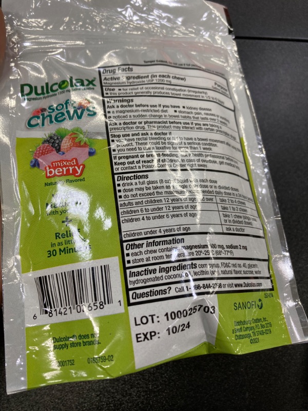 Photo 2 of Dulcolax Saline Laxative Soft Chews, Gentle Constipation Relief, Mixed Berry Flavor, Magnesium Hydroxide 1200 mg, 15 Count