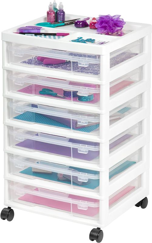 Photo 1 of IRIS USA Fits 12" x 12" Paper, 6-Tier ScrapbookRolling Storage Cart with Organizer Top for Papers Vinyl Tools Office Art and Craft Supplies, Yarn, White Frame with 6 Clear Cases w/ Built in Handle