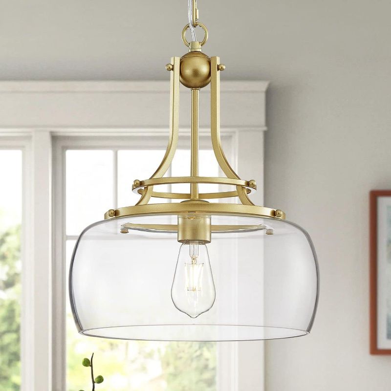 Photo 1 of WUZUPS Chandelier Rustic Farmhouse Industrial Round Ceiling Pendant LED Light Fixture with Clear Glass Shades for Dining Room Kitchen Island Foyer Entryway, H 17" x W 13.4", E26 Base, Gold
