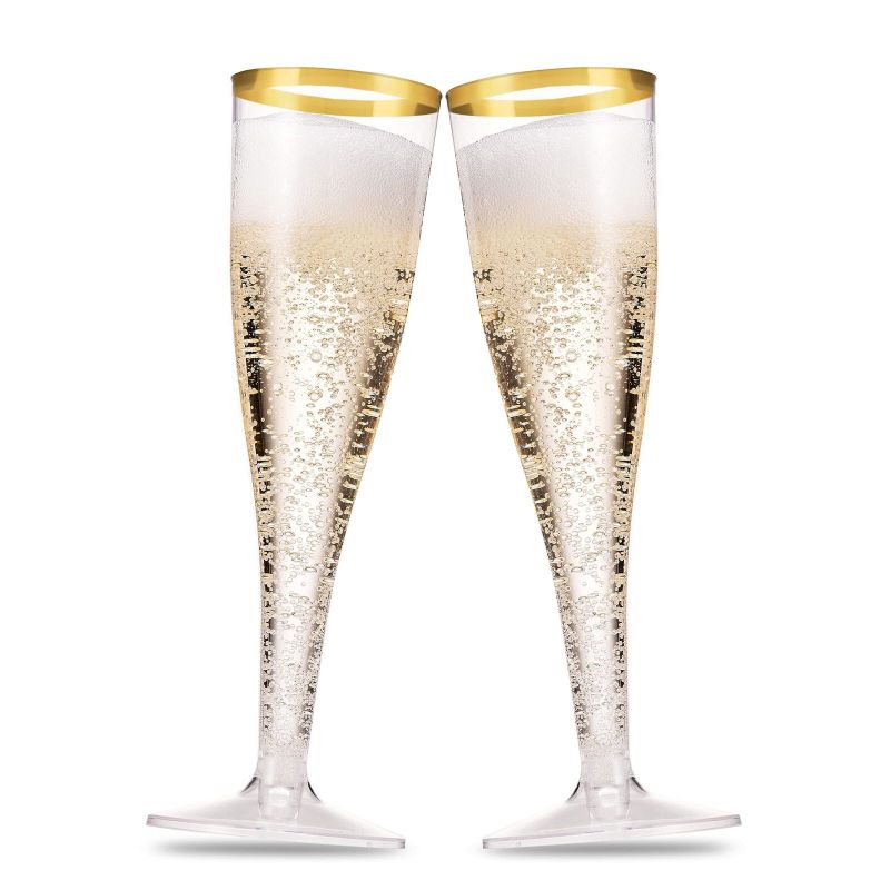 Photo 1 of 50 Pack Gold Rimmed Plastic Champagne Flutes 5 Oz Clear Plastic Toasting Glass
