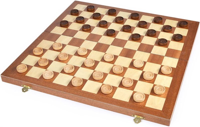 Photo 1 of 15inch Checkers Folding Wooden Game Set, 100 Square Checkerboard International Checkers Draughts Board 10x10 for Kids with Pieces Storage Slots