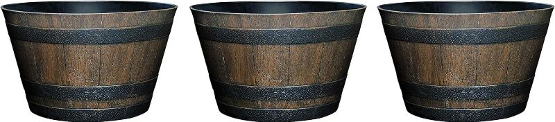 Photo 1 of Classic Home and Garden Whiskey Plastic Resin Flower Pot Barrel Planter, Walnut Brown, 20.5" (Pack of 3)