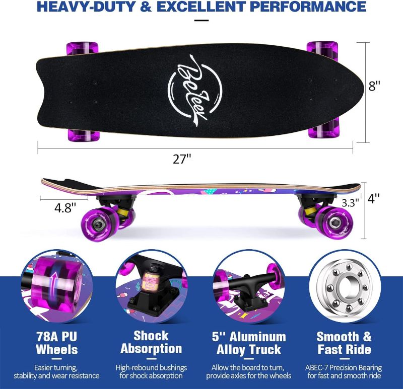 Photo 1 of BELEEV Cruiser Skateboards for Beginners, 27x8 inch Complete Skateboard for Kids Teens Adults, 7 Ply Canadian Maple Double Kick Deck Concave Skateboard.