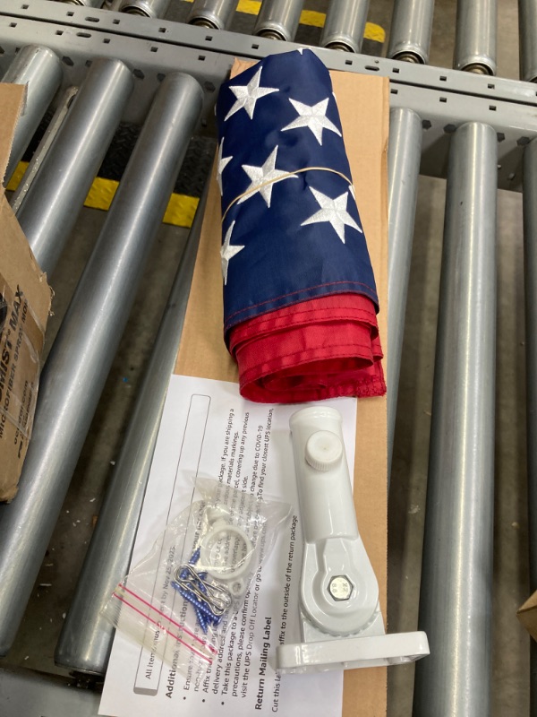 Photo 1 of American Flag 3x5 ft with White Pole Kit: Longest Lasting US Flag, Embroidered Stars, Brass Grommets, 6 Ft No Tangle Flagpole Aluminum and 2-Position Flag Pole Bracket 3x5 ft with pole kit