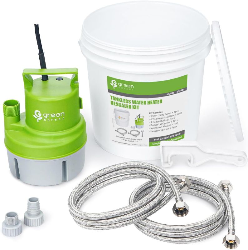 Photo 1 of Green Expert Tankless Water Heater Flushing Kit Including 1/6HP Efficient Utility Pump 4 Gallon Pail 2*Stainless Steel Hoses and Open End Wrench for Quick Install Easy to Start Clean 203641