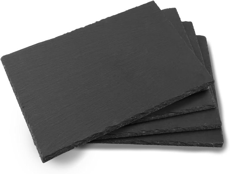 Photo 1 of 4 Pack 16''x12'' Black Slate Cheese Board Slate Stone Plates with Natural Edge Square Serving Tray Coaster for Fruit Dessert Appetizer Cake Fruit Meat Kitchen Dining Party