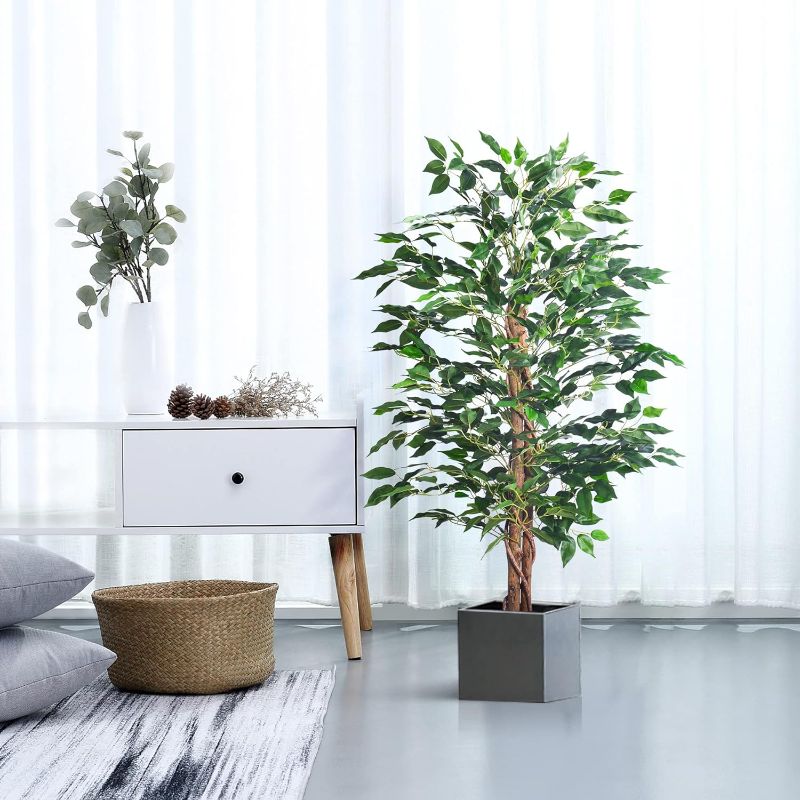 Photo 1 of Artificial Ficus Tree 4FT Faux Silk Plants with Sturdy Plastic Nursery Pot,Fake Ficus Trees for Home Office Farmhouse Indoor Outdoor Decor Perfect Housewarming Gift (4FT-1Pack)