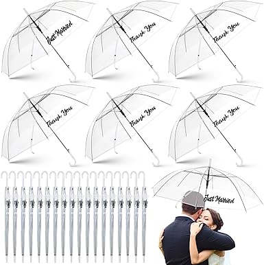 Photo 1 of 24 Pcs Clear Wedding Umbrellas Auto Open Stick Umbrella Bulk Married Thank You Umbrella Windproof Transparent Rain Umbrella with Handle for Bride Groom Wedding Bridal Shower Party Supplies