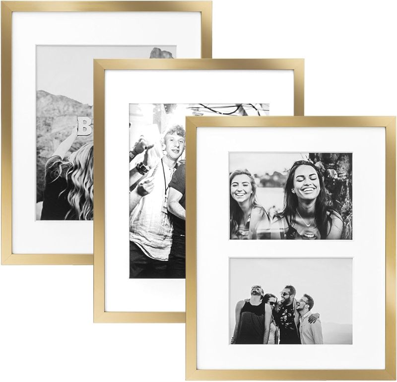 Photo 1 of ArtbyHannah 11 x 14 Inch 3 Pack Gold Picture Frame Collage Set for Wall Art Decor- Made to Display Pictures 8x11 and 5x7 with Mat for Gallery Wall Kit or Home Decoration