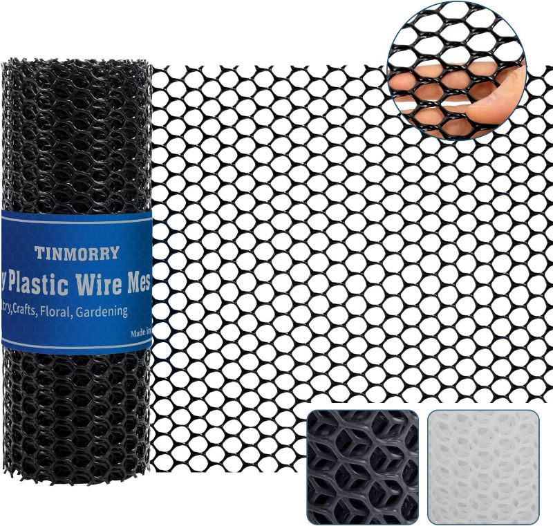 Photo 1 of 
Plastic Wire Mesh Fence, TINMORRY Durable Plastic Chicken Wire Mesh 16.9 IN x 16 FT Roll Black, Ideal for Poultry, Animal Barrier, Crafts, Floral, Gardening - Plastic Fencing & Garden Netting Solution