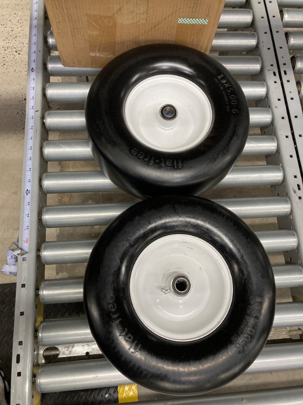 Photo 1 of 2 PCS Upgrade 13x5.00-6 Flat Free Lawn Mower Tire and Wheel with 3/4" & 5/8" Bearing, Zero Turn Mower Front Solid Tire Assembly for Commercial Grade Lawn, Garden Turf, 3.25"-6.9" Centered Hub
