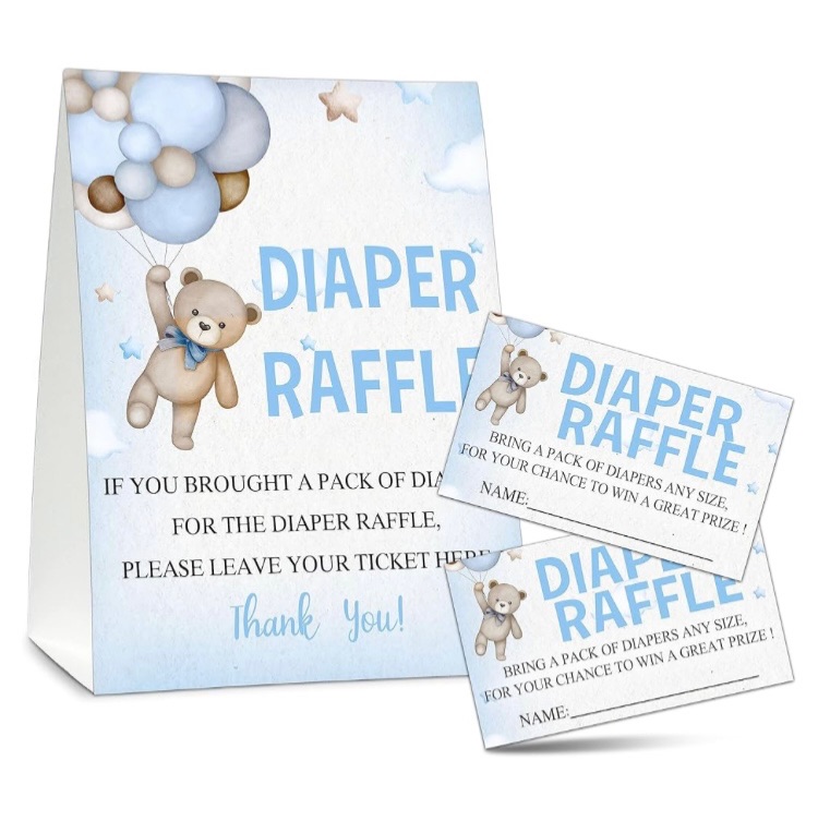 Photo 1 of Baby Shower Diaper Raffle Kit - Bear And Balloons Theme - 1 Large Self-Standing Sign & 50 Tickets?Decorations For Gender Reveal & Baby Announcement, Party Favor And Supplies-NBLK-B06