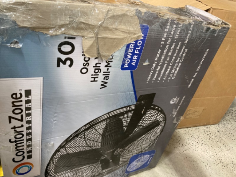 Photo 4 of **box is damaged ***Comfort Zone CZHVW30EX 30” 2-Speed Oscillating High Velocity Industrial Wall Fan, All-Metal Construction, Adjustable Tilt, Steel Mounting Bracket with Adjustable Angle, Aluminum Blades, Black